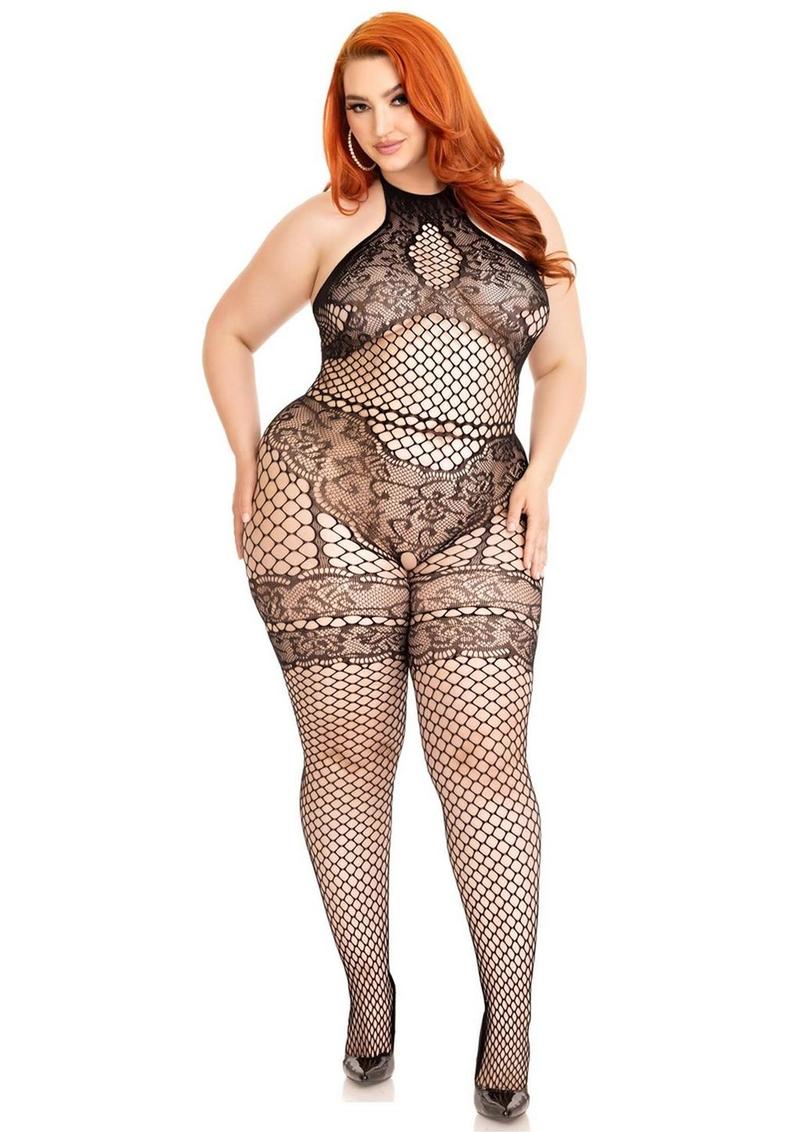 Leg Avenue Seamless Industrial Net Halter Bodystocking with Faux Lace Lingerie Detail - Black - Queen/XLarge/XXLarge