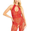 Leg Avenue Seamless Rhinestone Fishnet Bodystocking with Keyhole and Lace Lingerie Detail - Red - One Size