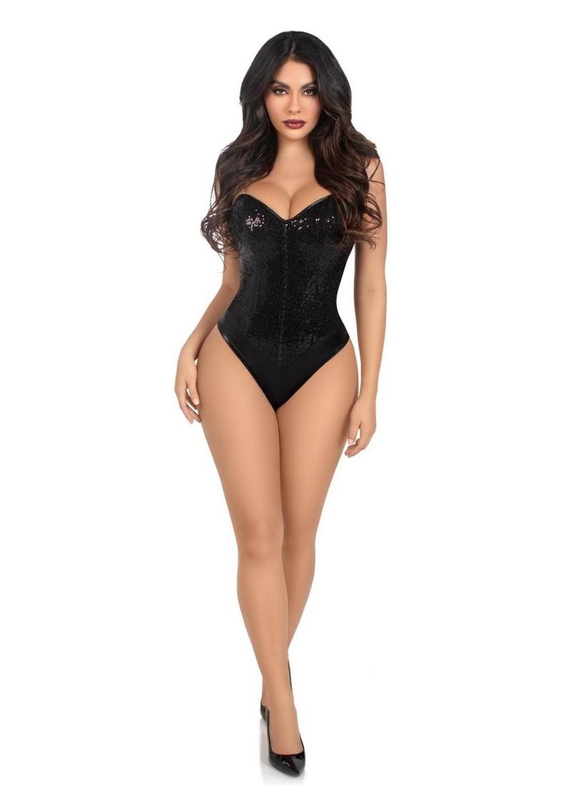Leg Avenue Sequin Boned Snap Crotch Bodysuit with Detachable Clear Strap - Black - Medium - 2 Piece