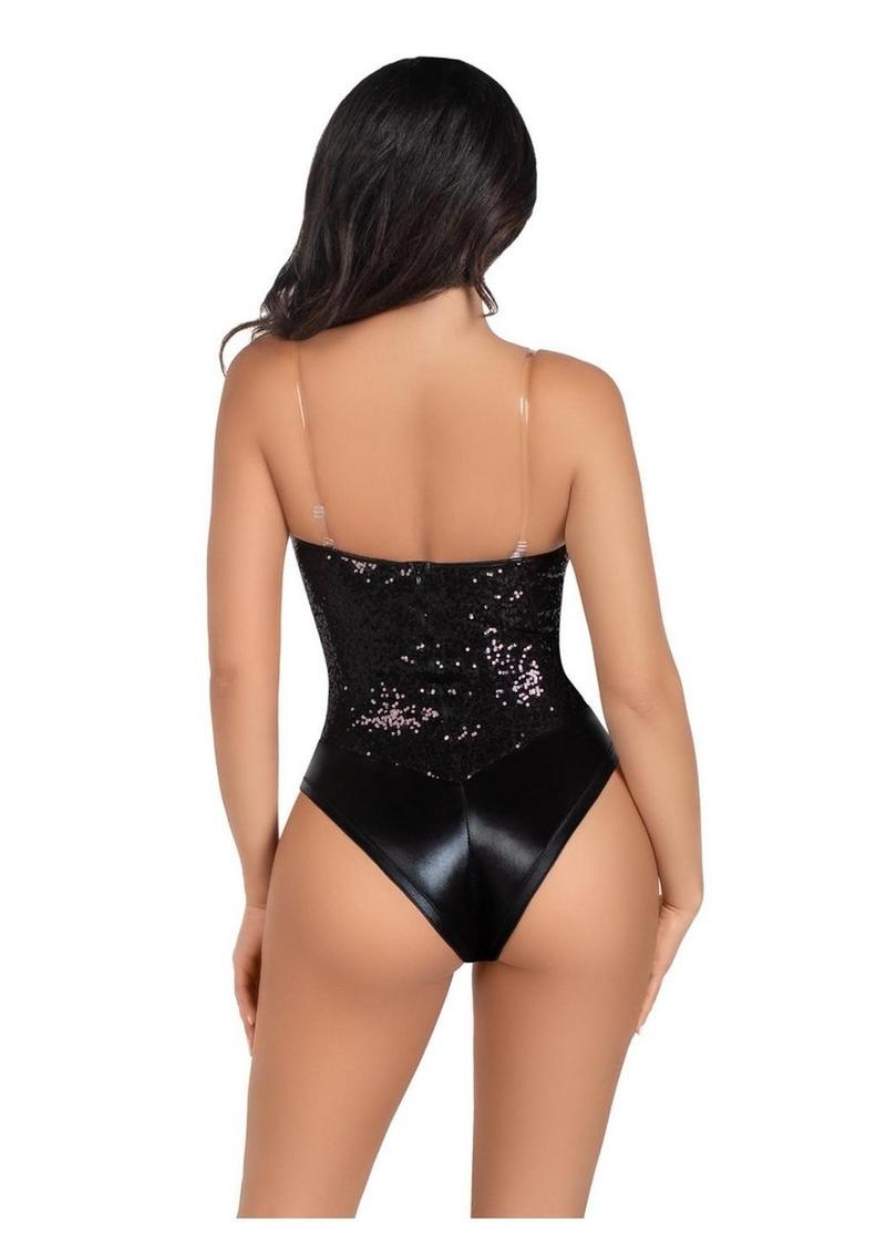 Leg Avenue Sequin Boned Snap Crotch Bodysuit with Detachable Clear Strap - Black - Small - 2 Piece