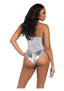 Leg Avenue Sequin Boned Snap Crotch Bodysuit with Detachable Clear Strap - Silver - Small - 2 Piece
