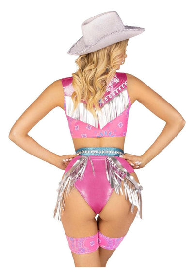 Leg Avenue Space Cowgirl Set Bandana Print Tie Front Crop Top with Fringe Trim, High Waist Bottoms with Attached Chaps, Belt with Fringe Detail, and Neck Bandana - Multicolor - XSmall - 4 Piece