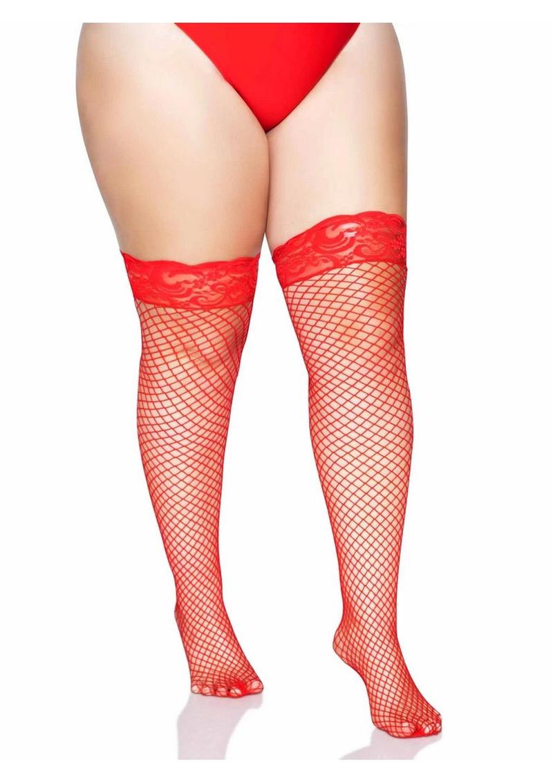 Leg Avenue Spandex Industrial Net Thigh Highs with Stay Up Silicone Lace Top - 1x-2x - Red