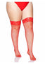 Leg Avenue Spandex Industrial Net Thigh Highs with Stay Up Silicone Lace Top - 1x-2x - Red
