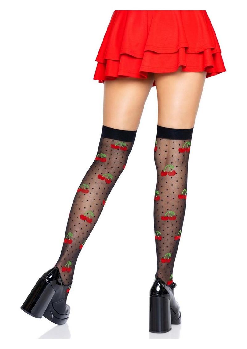 Leg Avenue Spandex Sheer Polka Dot Cherry Thigh Highs - Black/Red - One Size