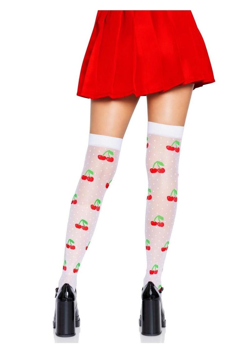 Leg Avenue Spandex Sheer Polka Dot Cherry Thigh Highs - Red/White - One Size