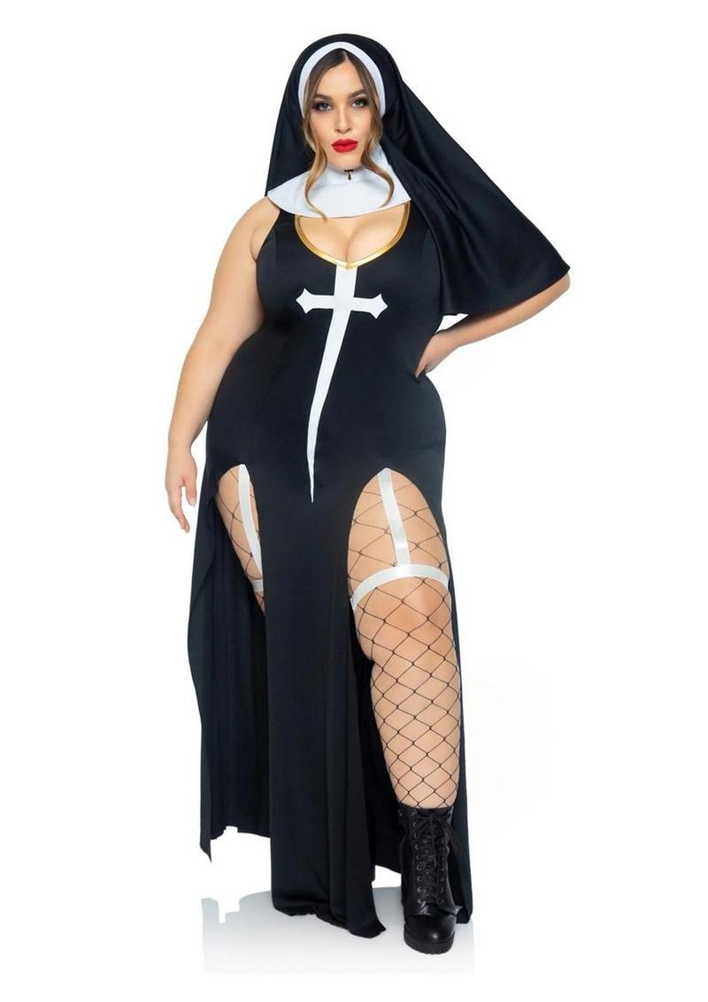 Leg Avenue Sultry Sinner Dual Slit Garter Dress with Vinyl Cross Detail, Vinyl Collar, and Nun Habit