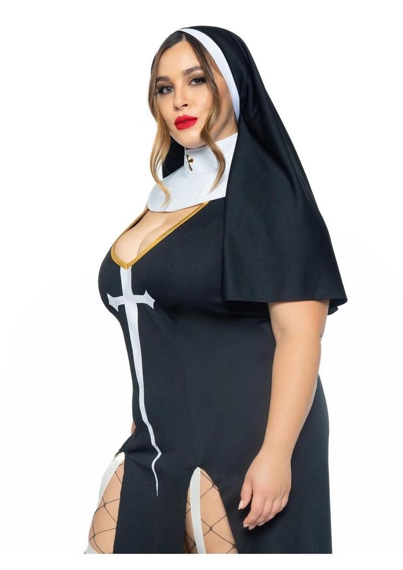 Leg Avenue Sultry Sinner Dual Slit Garter Dress with Vinyl Cross Detail, Vinyl Collar, and Nun Habit - Black/White - Queen/XLarge/XXLarge - 3 Piece