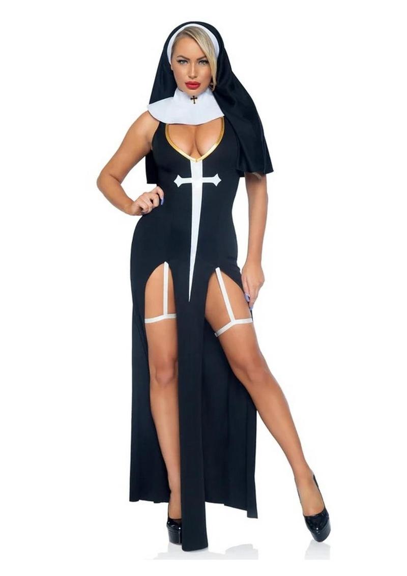 Leg Avenue Sultry Sinner Dual Slit Garter Dress with Vinyl Cross Detail, Vinyl Collar, and Nun Habit - Black/White - Large - 3 Piece