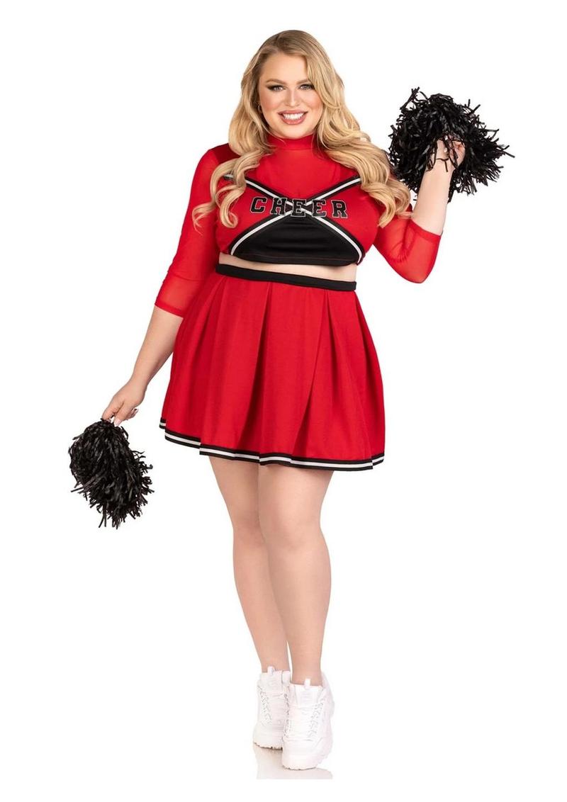 Leg Avenue Varsity Babe Set Crop Top with Cheer Logo, Pleated Skirt, and Pom Poms - Red - 3XLarge/4XLarge - 3 Piece