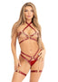 Leg Avenue Vegan Leather Heart Ring Studded Harness Bra Top with Chain Accent and Coordinating Thigh Garter Harness - Burgundy/Red - Small - 2 Piece