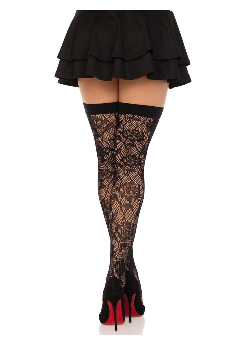 Leg Avenue Wild Rose Net Thigh Highs - Black - One Size