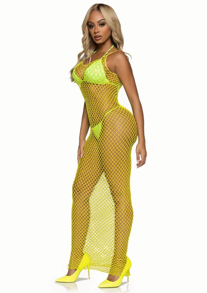 Leg Avenue Woven Twist Net Backless Maxi Dress - One Size - Lemon - Yellow - One Size