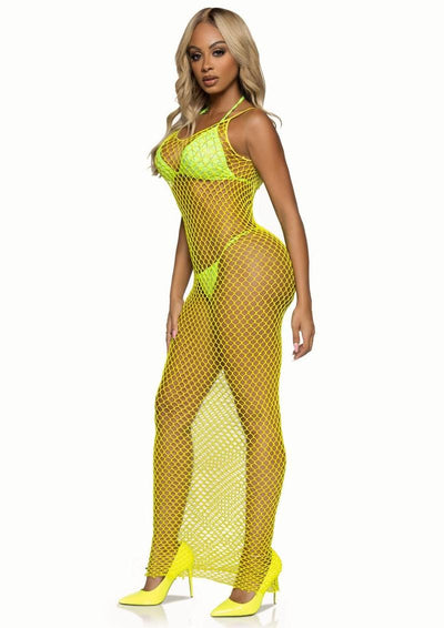 Leg Avenue Woven Twist Net Backless Maxi Dress - One Size - Lemon - Yellow - One Size