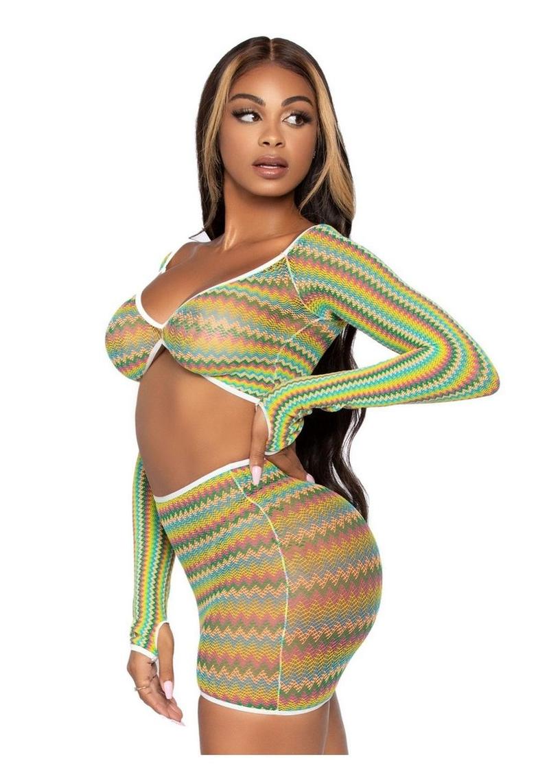 Leg Avenue Zig Zag Net Gauntlet Sleeve Crop Top and Mini Skirt - Green - One Size - 2 Piece