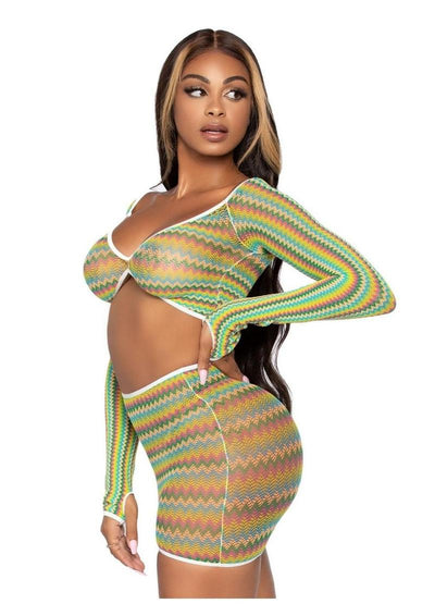 Leg Avenue Zig Zag Net Gauntlet Sleeve Crop Top and Mini Skirt - Green - One Size - 2 Piece