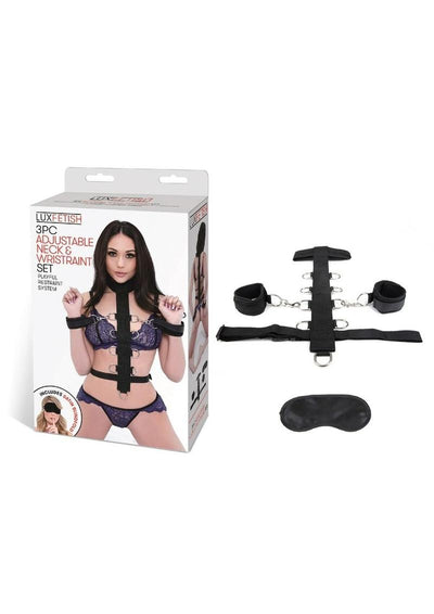 Lux Fetish Adjustable Neck and Wristraint - Black - 3 Piece Set