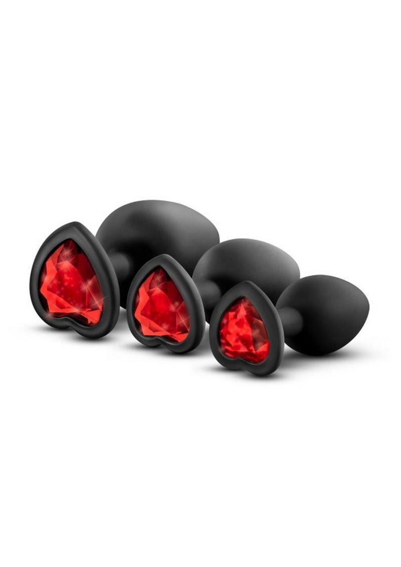 Luxe Bling Butt Plugs Silicone Training Kit with Red Gems (3 Size Kit - Black/Red