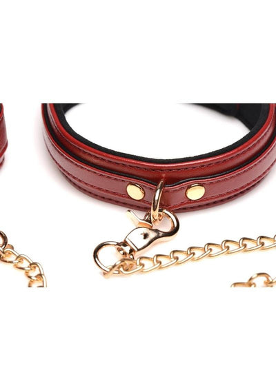 Master Series Bondage Set Cuffs, Collar, and Leash - Burgundy/Gold/Metal/Red - 6 Piece