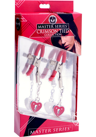 Master Series - Crimson Tied Charmed Heart Padlock Nipple Clamps - Red