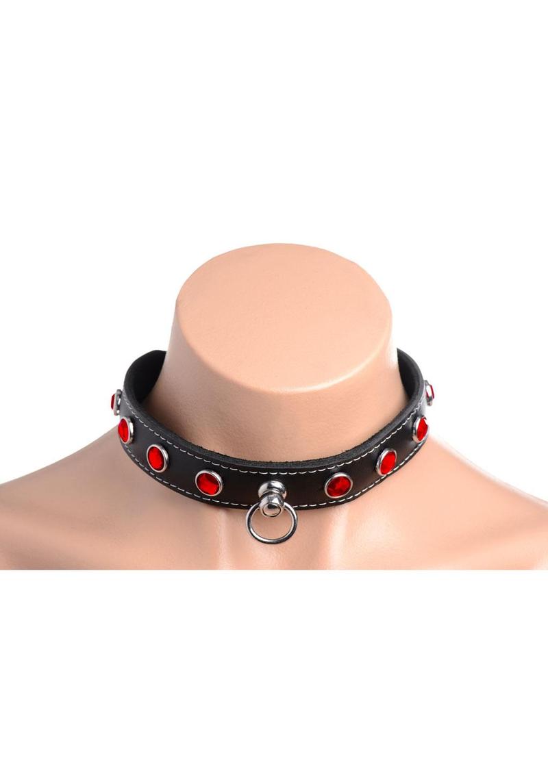 Master Series Fierce Vixen Leather Collar with Rhinestones - Black/Red