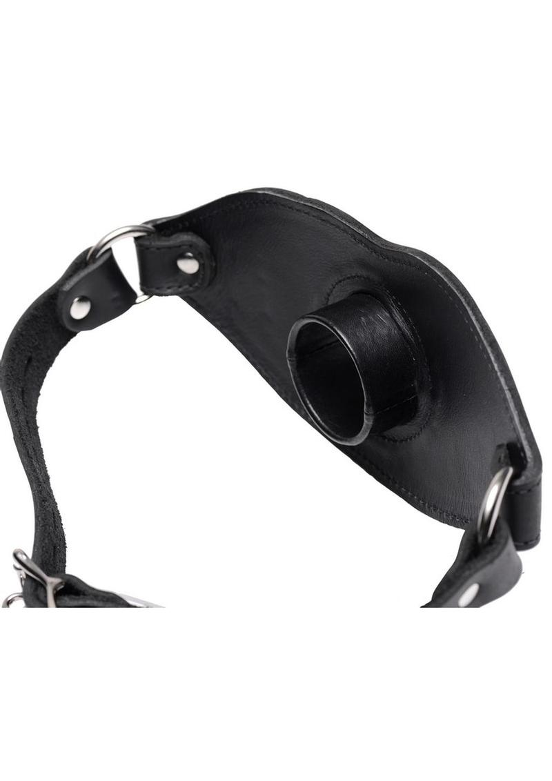 Master Series Leather Locking Open Mouth Gag - Black