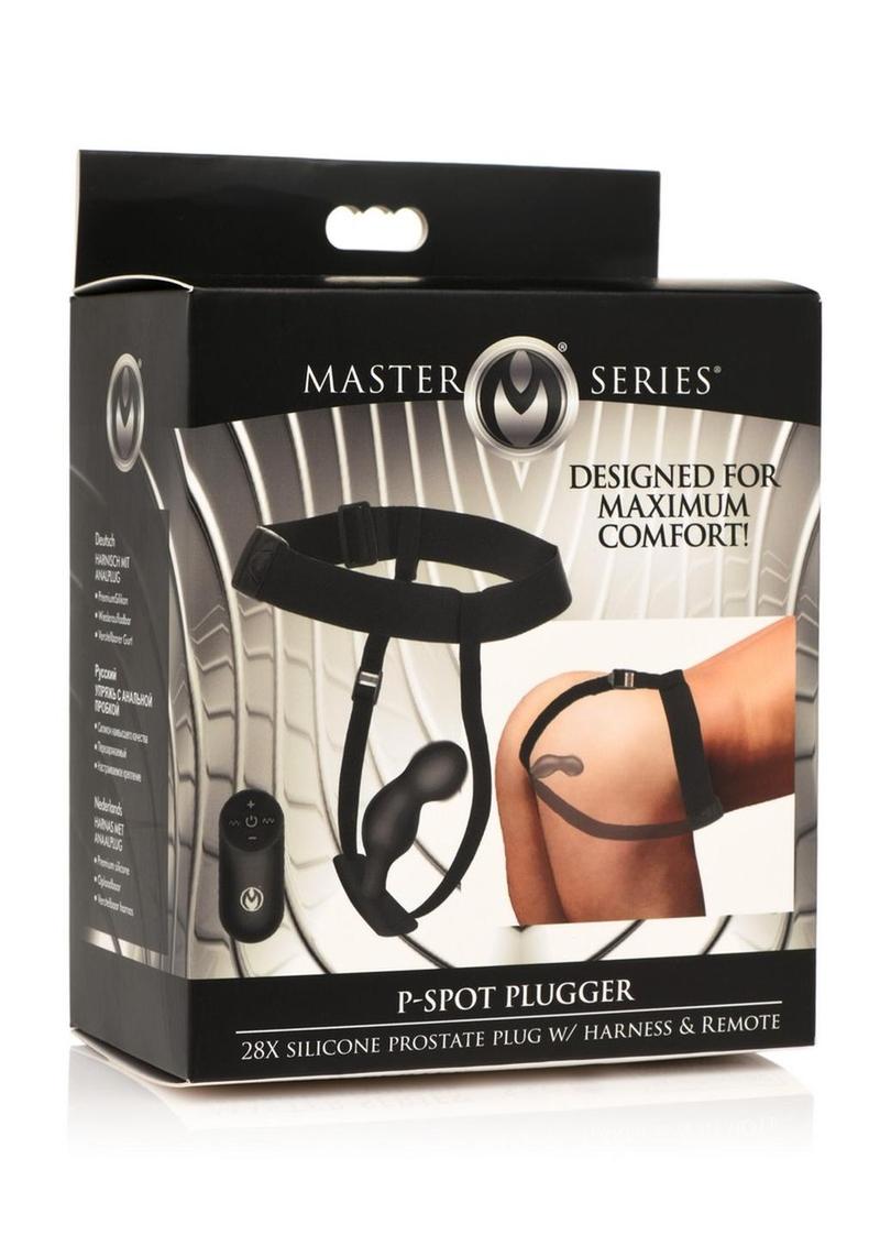 Master Series P-Spot Plugger 28x Rechargeable Silicone Prostate Plug with Harness and Remote Control - Black