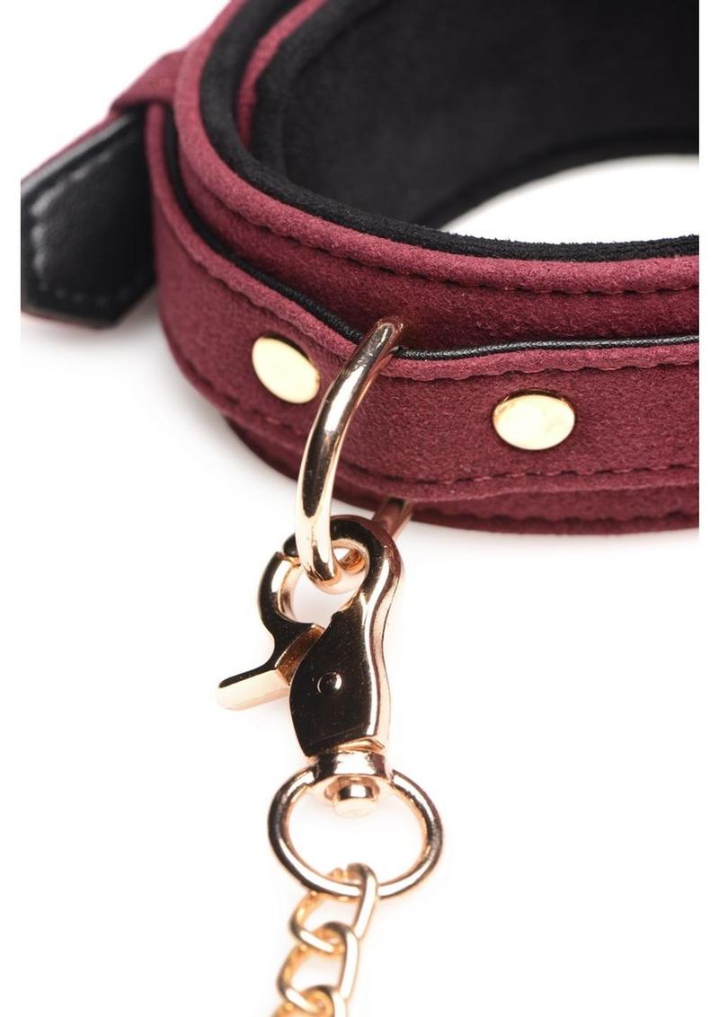 Master Series Velvet Bondage Set Cuffs, Collar, and Leash - Burgundy/Gold/Metal/Red - 6 Piece