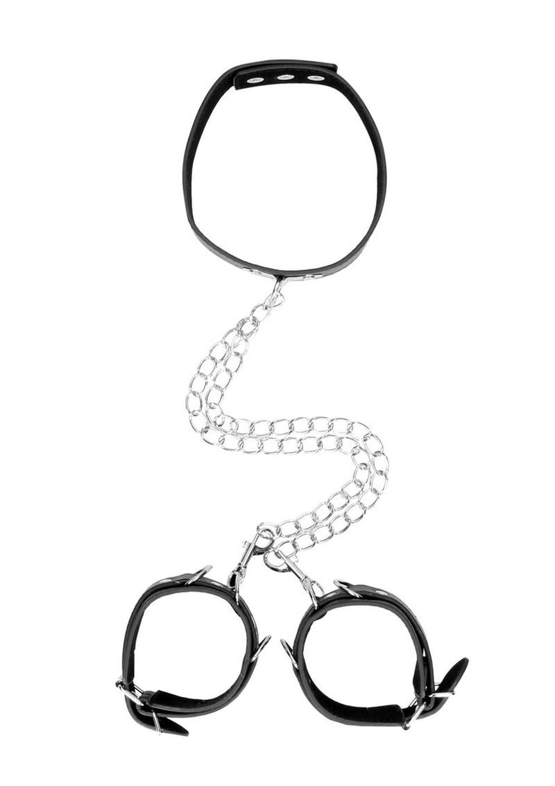 Ouch! Bonded Leather Collar with Hand Cuffs and Leash