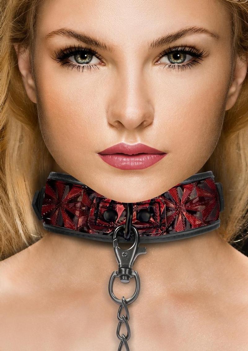 Ouch! Luxury Collar with Leash - Burgundy/Red