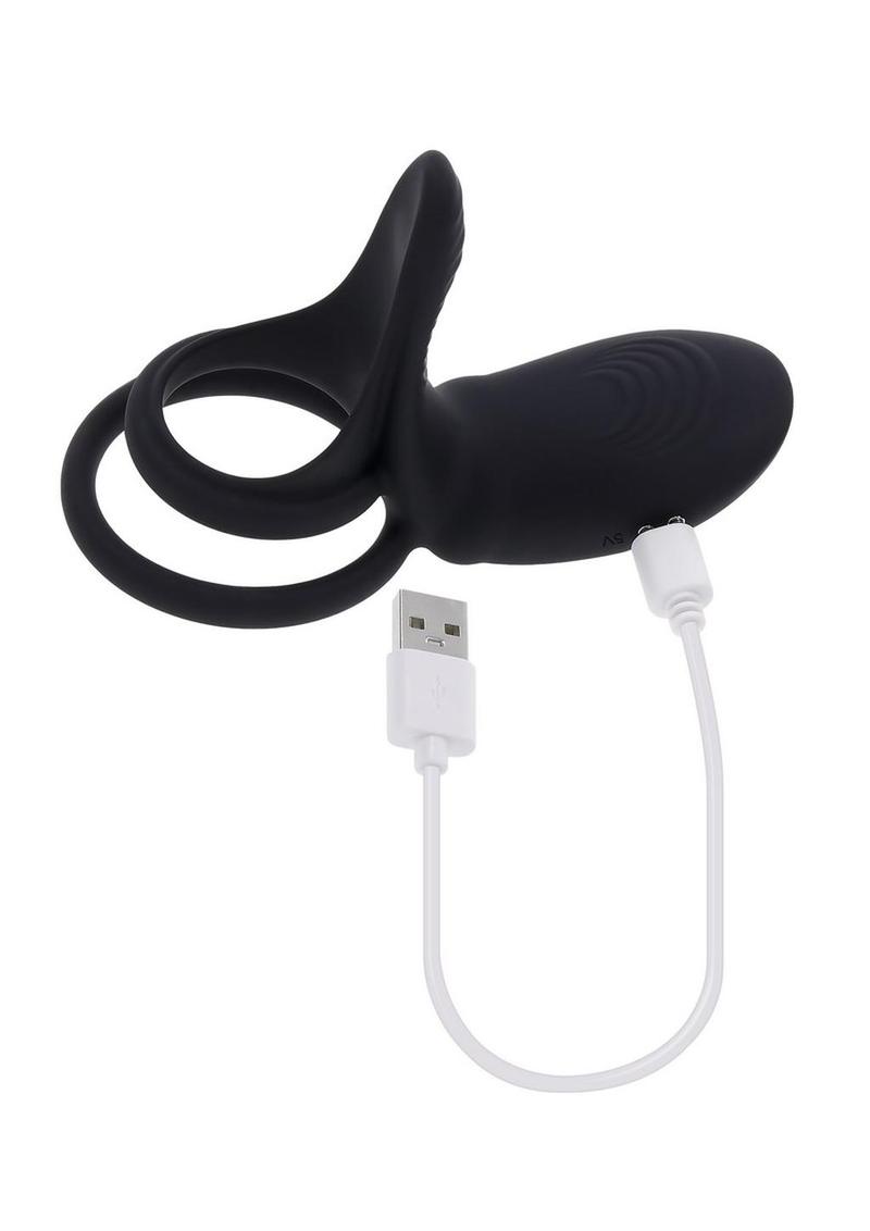 Playboy Just Right Rechargeable Silicone Dual Vibrating Cock Ring with Clitoral Stimulator - Black