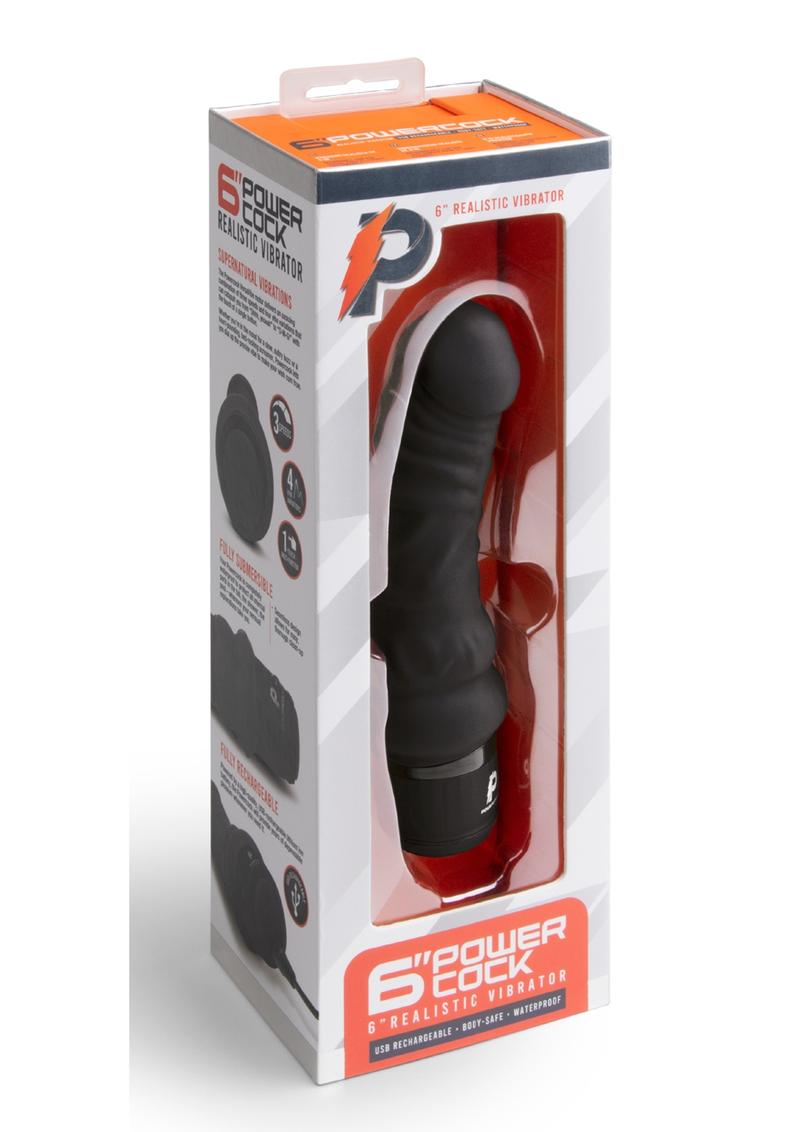 Powercocks Silicone Rechargeable Realistic Vibrator - Black - 6in