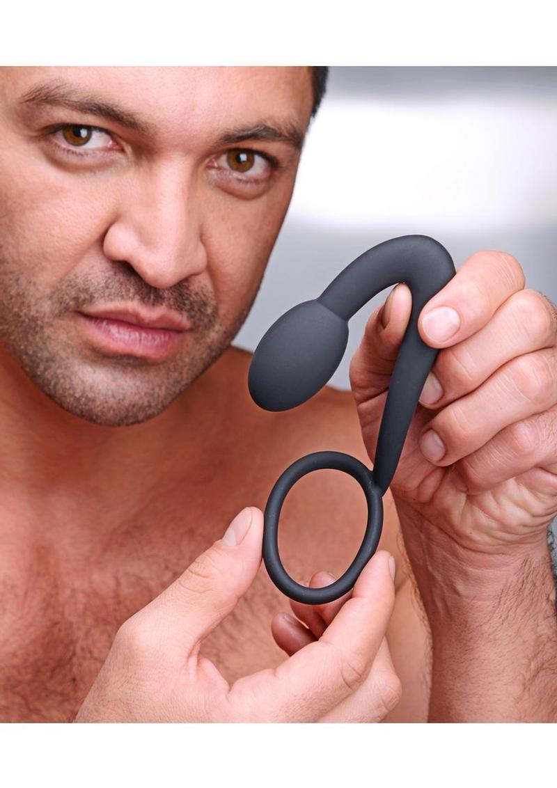 Prostatic Play Explorer Silicone Cock Ring and Prostate Plug - Black