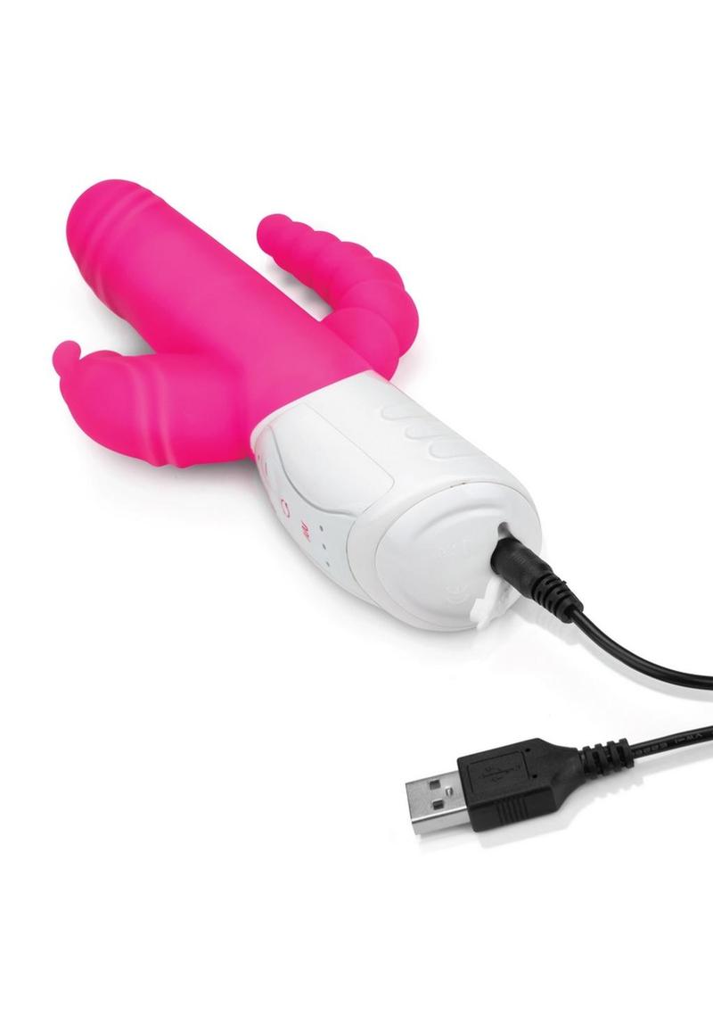 Rabbit Essential Silicone Rechargeable Double Penetration Rabbit Vibrator - Hot Pink/Pink