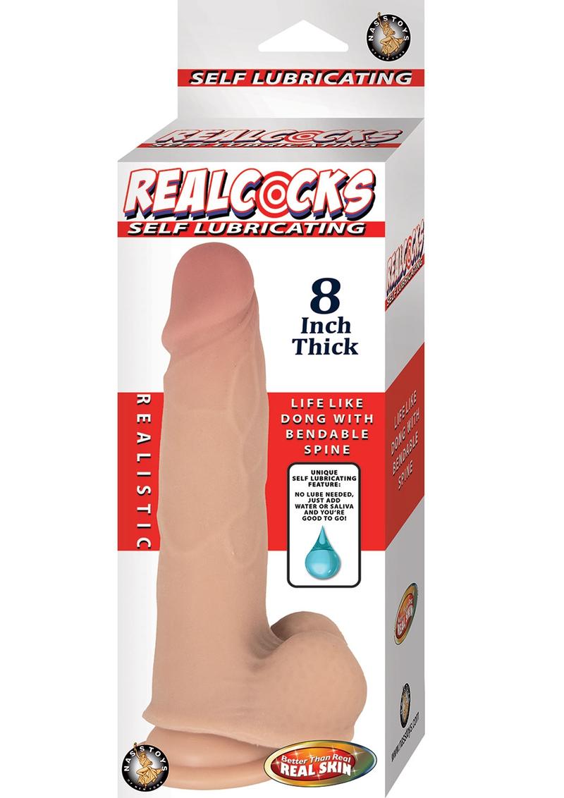 Realcocks Self Lubricating Bendable Thick Dildo with Balls - Vanilla - 8in