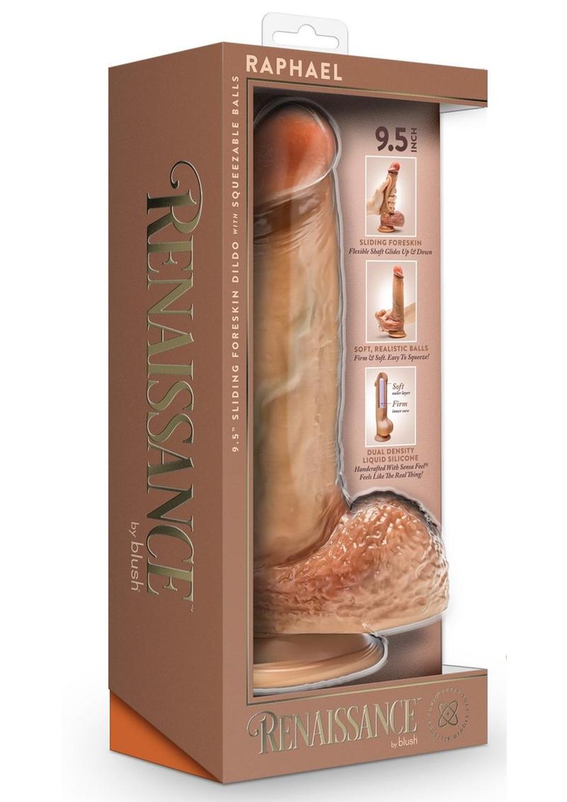 Renaissance Raphael Silicone Sliding Foreskin Dildo with Squeezable Balls - Caramel - 9.5in