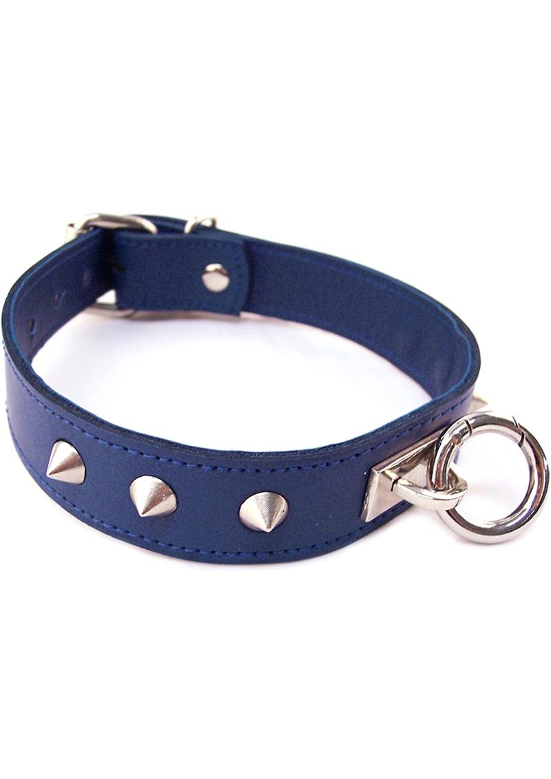 Rouge O Ring Studded Adjustable Leather Collar - Blue