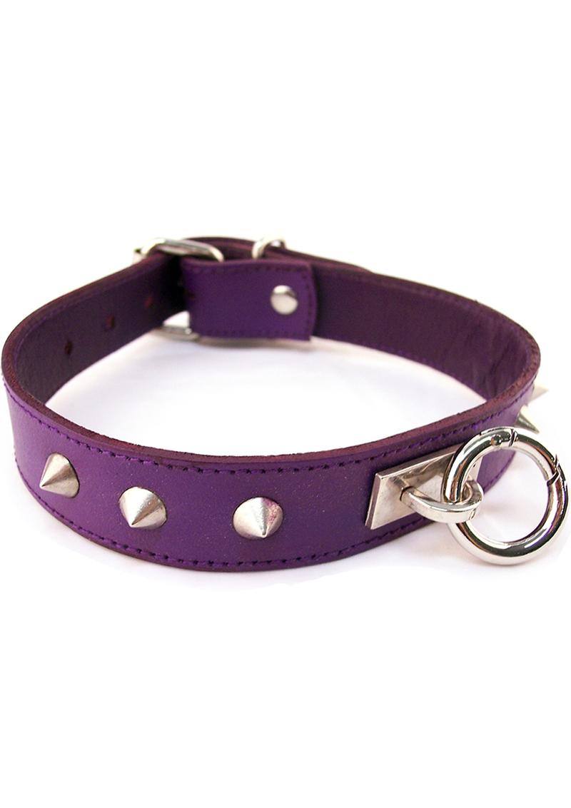 Rouge O Ring Studded Adjustable Leather Collar - Purple