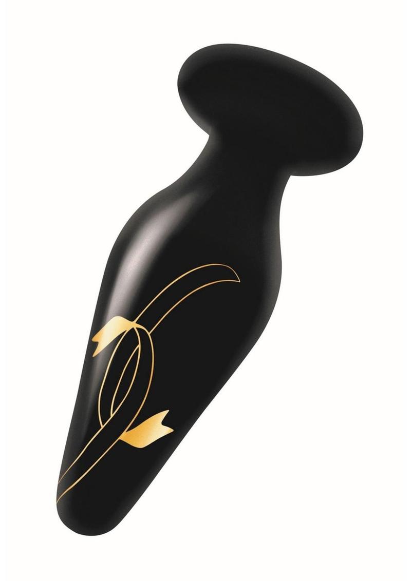 Secret Kisses Handblown Wide Glass Anal Plug - Black/Gold - 4.5in