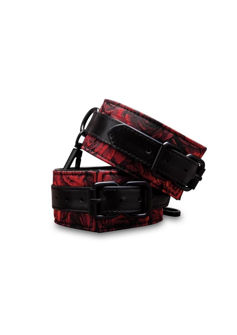 Secret Kisses Rosegasm Buckle Cuffs with Satin Blindfold - Black/Red