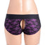 Strap U Lace Envy Lace Crotchless Panty Harness - Black/Purple - Medium/Small