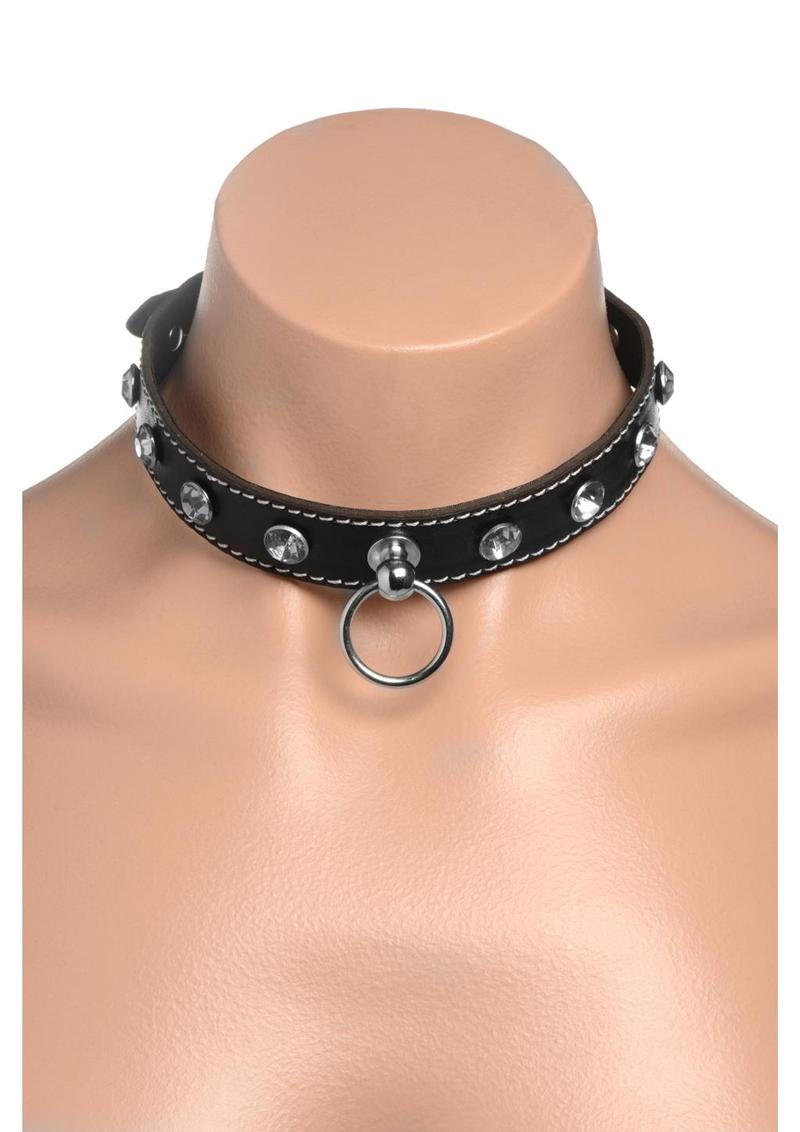 Strict Rhinestone Choker with O-Ring - Black/Clear