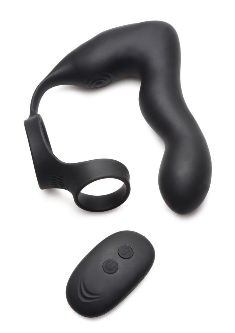 Swell Rechargeable Silicone Inflatable 10x Vibrating Prostate Plug with Cock and Ball Ring and Remote Control - Black