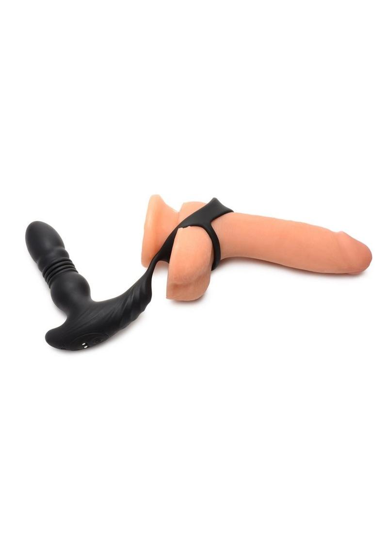 Thunder Plugs Rechargeable 10x Thrusting Silicone Vibrator with Cock and Ball Strap - Black